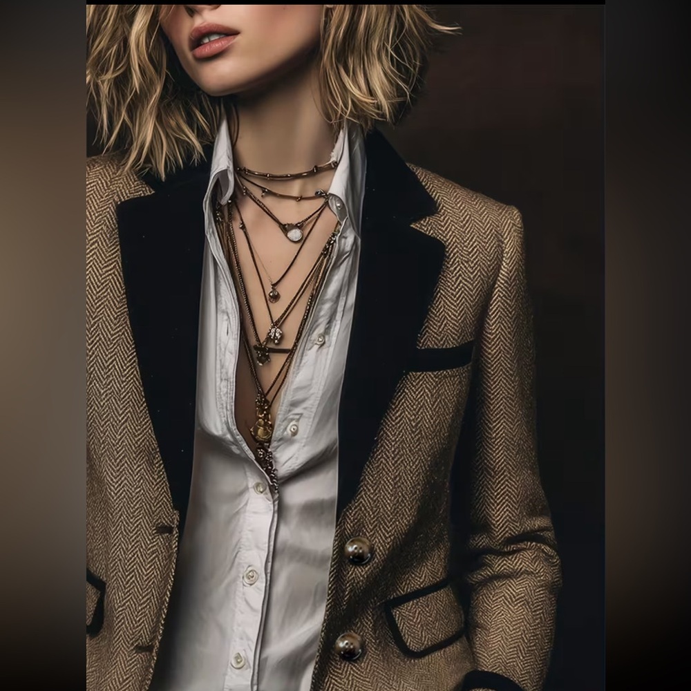 Couture herringbone tweed blazer featuring contrast velvet accents, gold buttons - Picture 9 of 13